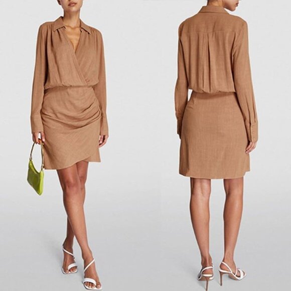 NWT L'agence Long Sleeve Wrap-Around Libbie Mini Dress Brown Ginger Snap Size: 8